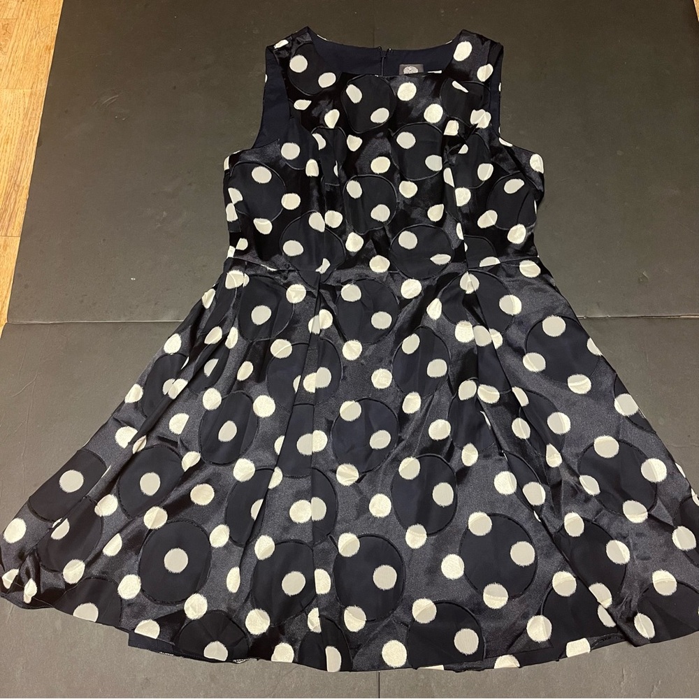 Vince Camuto 14 Navy White Polka Dot Fit & Flare Dress Classic Chic Timeless Fem